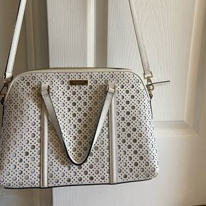 White Kate Spade polka dot tote bag gold accents